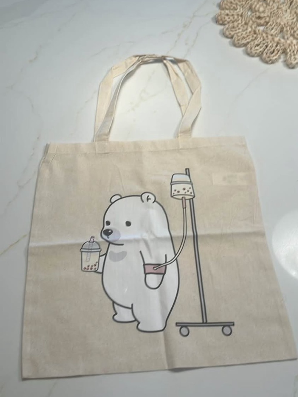 Cute Polar Bear Boba Tote Bag in Cream